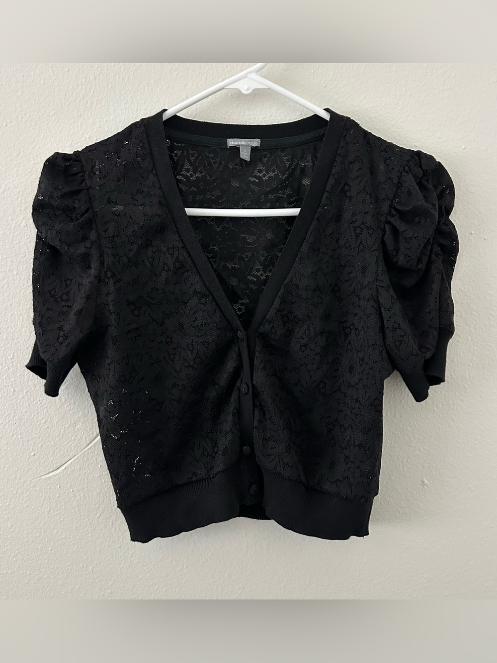 Y2K Charlotte Russe Sheer Black Lace Cropped Cardigan Bolero Puff Sleeve Size S